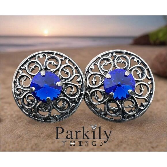 Handcrafted Earrings with Blue Swarovski Crystal - Picture 1 of 6